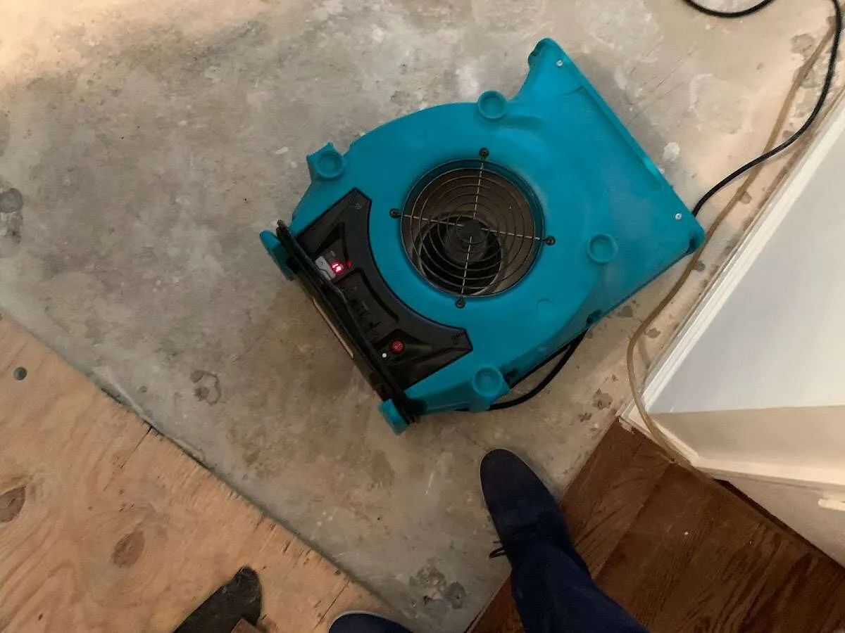 Air mover drying subfloor during Commercial Water Damage Restoration in Coral Terrace